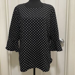 Croft‎ & Barrow Black & White Polka Dot Blouse 3/4 Flounce Sleeve Women's Large